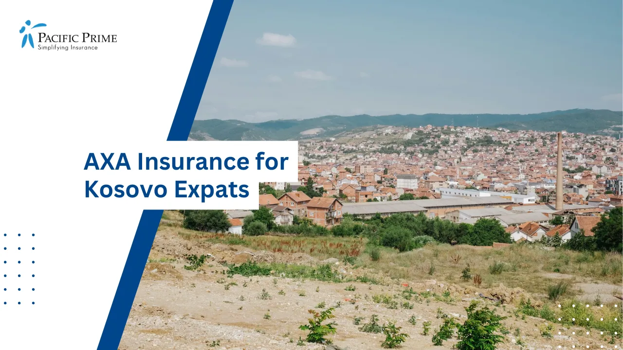 Image of Summer Cityscape View Of Pristina, Kosovo with text overlay of "AXA Insurance for Kosovo Expats"