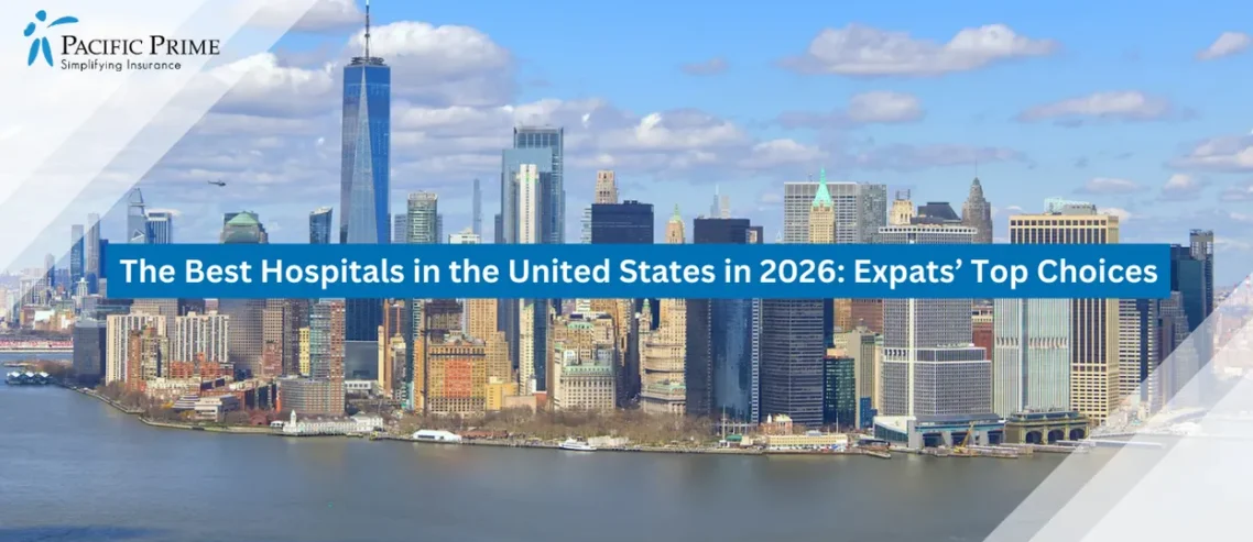 Image of Sunlit New York Skyline With Iconic Skyscrapers And Expansive City View with text overlay of "The Best Hospitals in the United States in 2026: Expats’ Top Choices"