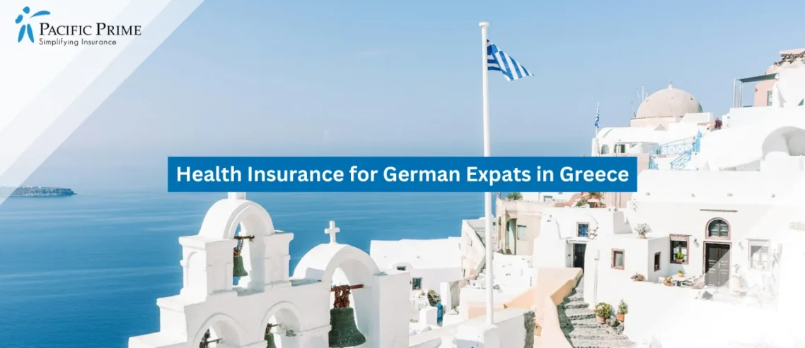 Image of Sunlit White Buildings On A Cliffside Above Clear Blue Water In Oia, Greece with text overlay of "Health Insurance for German Expats in Greece"