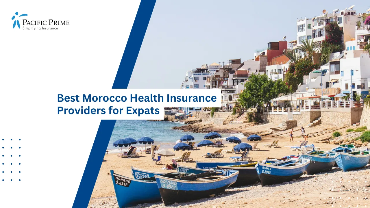Image of Sunny Coastal View Of Taghazout Village, Morocco with text overlay of "Best Morocco Health Insurance Providers for Expats"