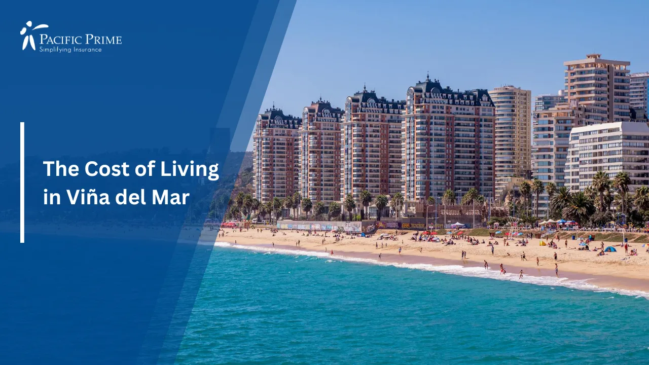 Image of Sunny Coastline With High-rises And Busy Beachfront In Viña Del Mar, Chile with text overlay of "The Cost of Living in Viña del Mar"