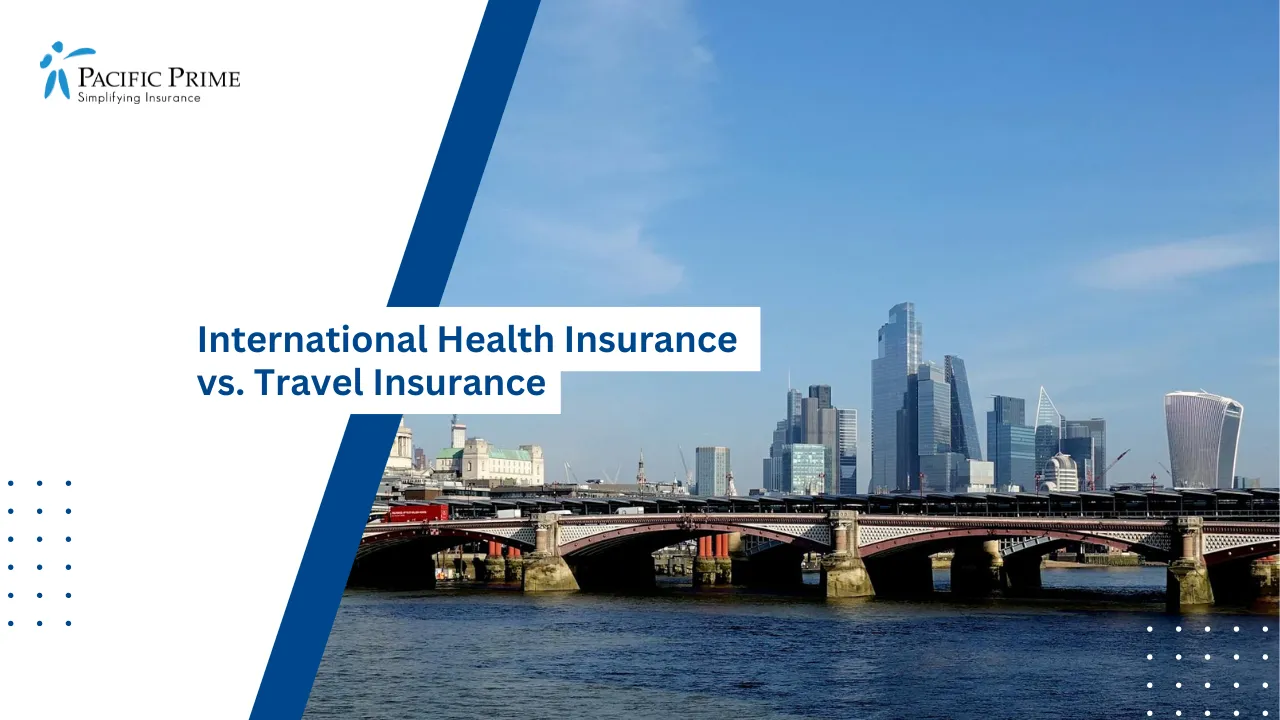 Image of Sunny Day View Of London Skyline With Thames And Landmark Buildings with text overlay of "International Health Insurance vs. Travel Insurance"