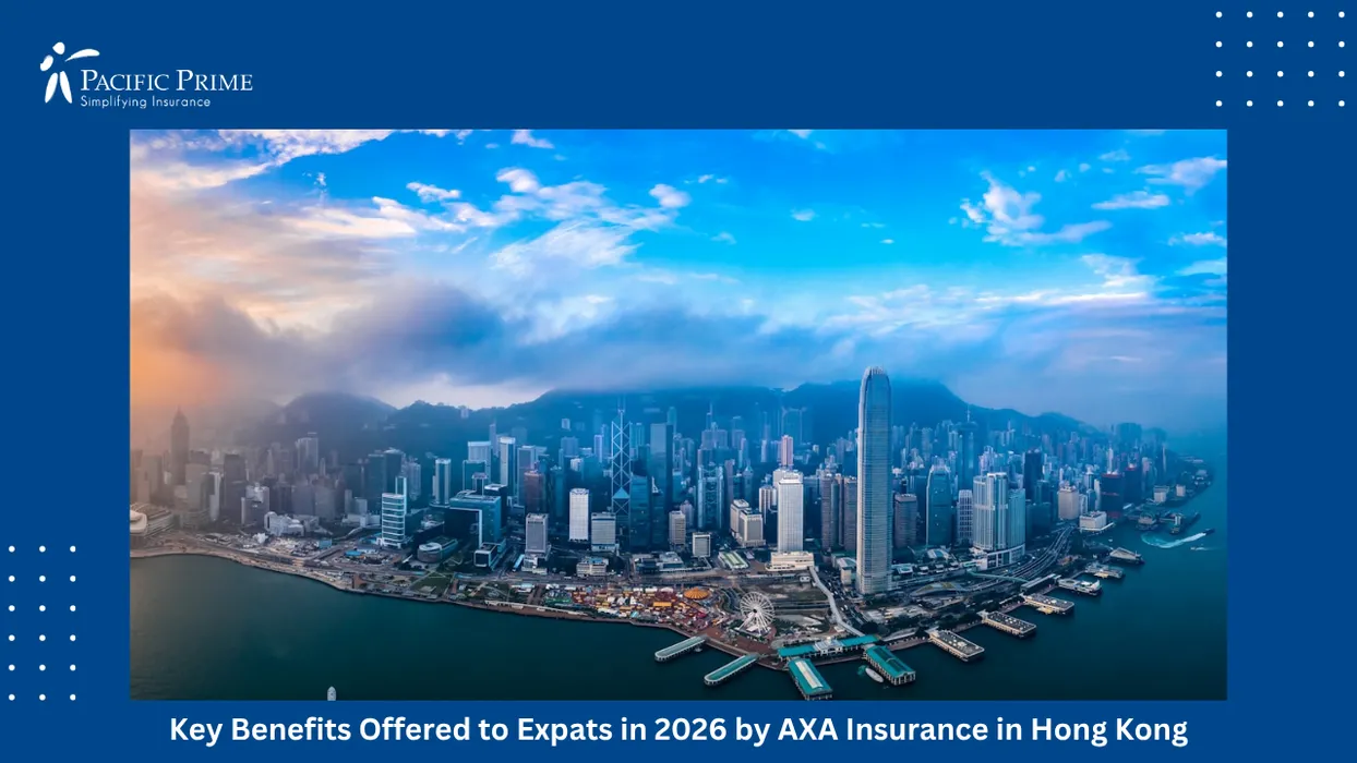 Image of Sunrise Aerial Over Hong Kong Island With Skyline Rising Above The Harbour with text overlay of "Key Benefits Offered to Expats in 2026 by AXA Insurance in Hong Kong"