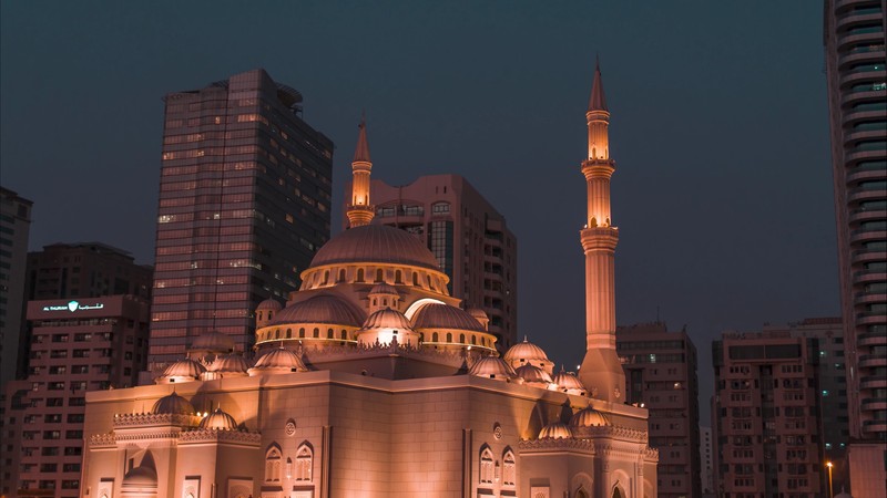 Sunset aerial of Al Noor Mosque in Sharjah, UAE