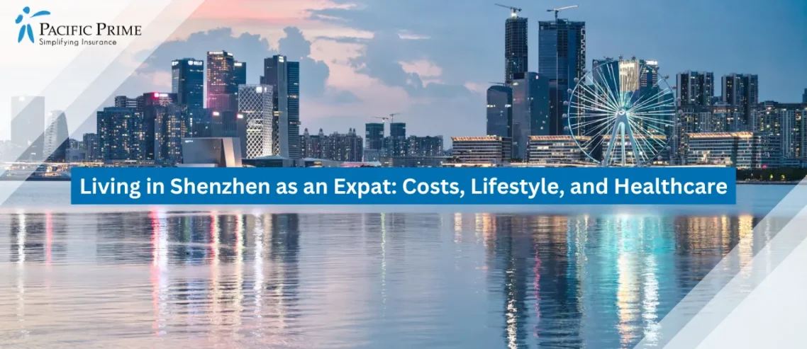Image of Sunset City Skyline Reflected On Calm Water with text overlay of "Living in Shenzhen as an Expat: Costs, Lifestyle, and Healthcare"