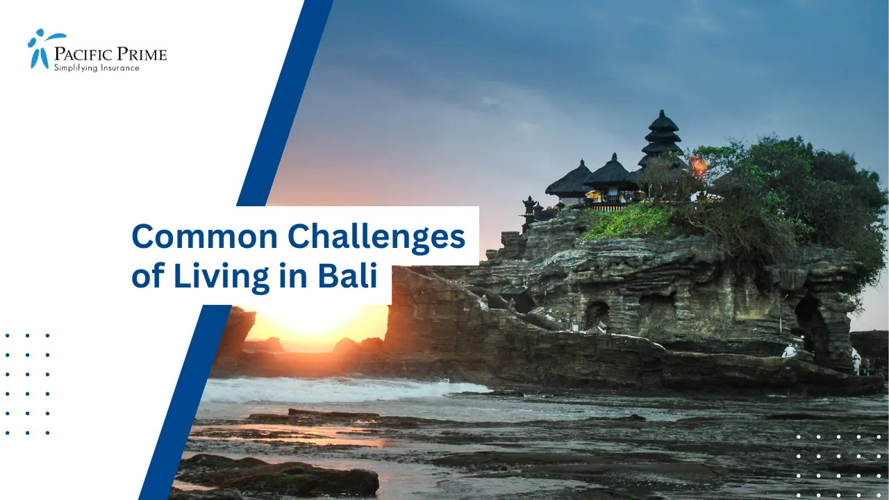 Image of Sunset View Over Iconic Temple In Bali With Vibrant Sky with text overlay of "Common Challenges of Living in Bali"