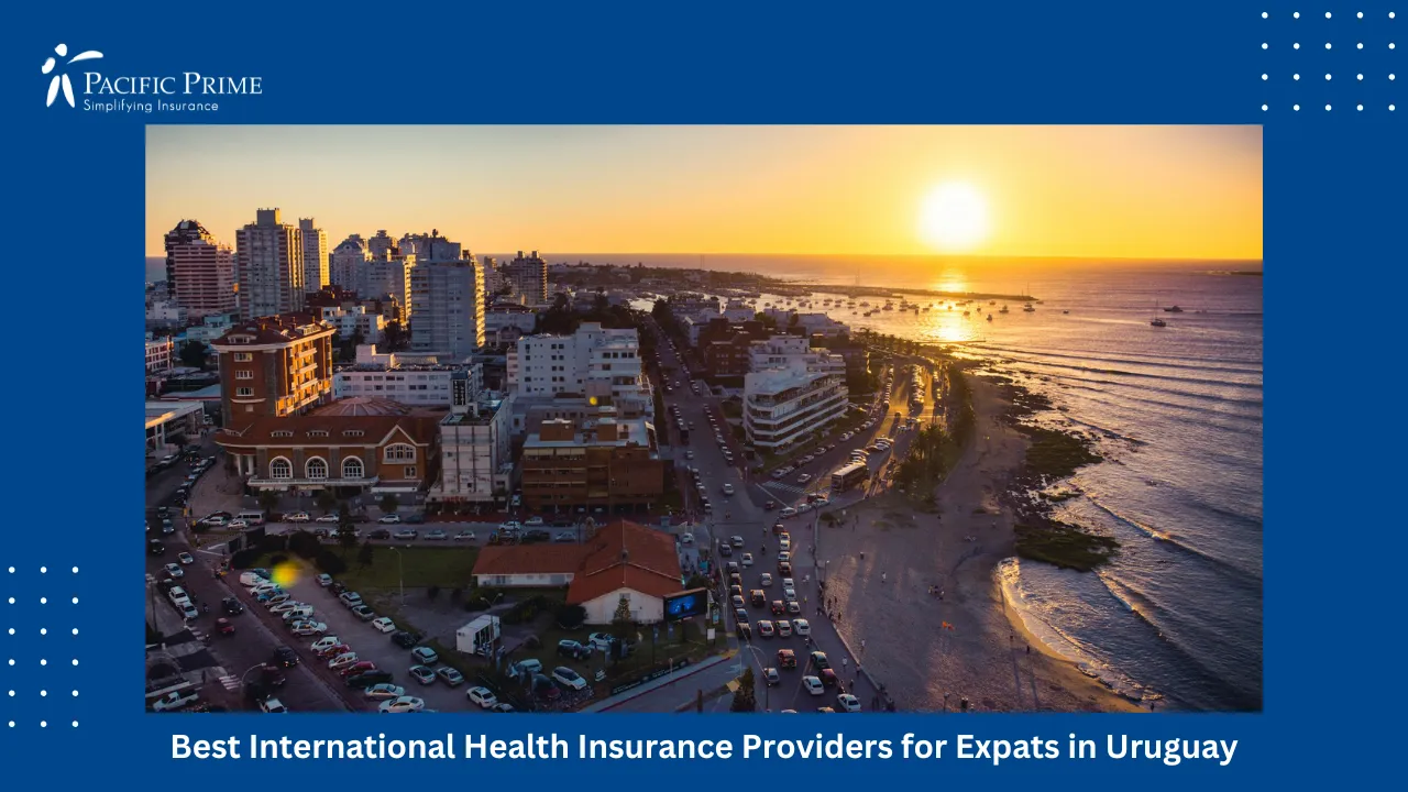 Image of Sunset View Over Punta Del Este City Skyline By The Ocean with text overlay of "Best International Health Insurance Providers for Expats in Uruguay"