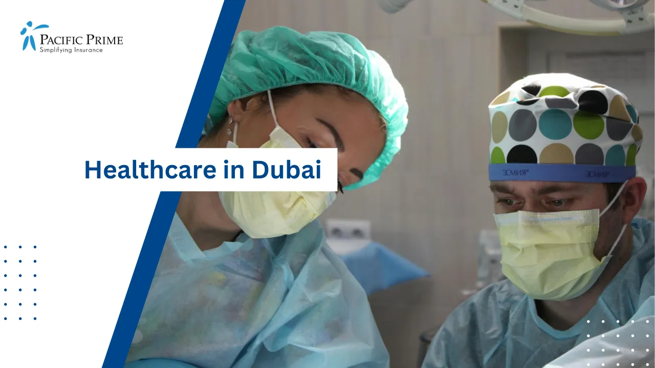 Image of Surgeons In Operating Room Performing A Medical Procedure with text overlay of "Healthcare in Dubai"