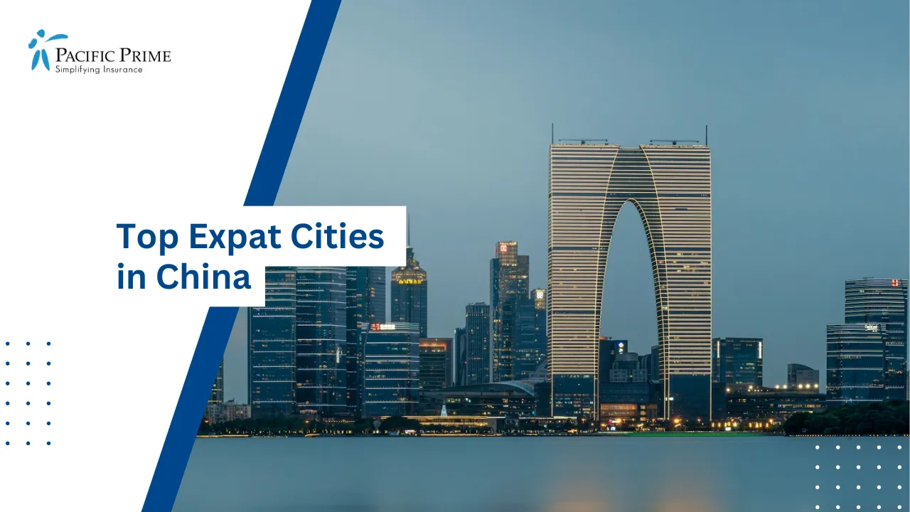 Image of Suzhou Cityscape With Traditional And Modern Architecture with text overlay of "Top Expat Cities in China"