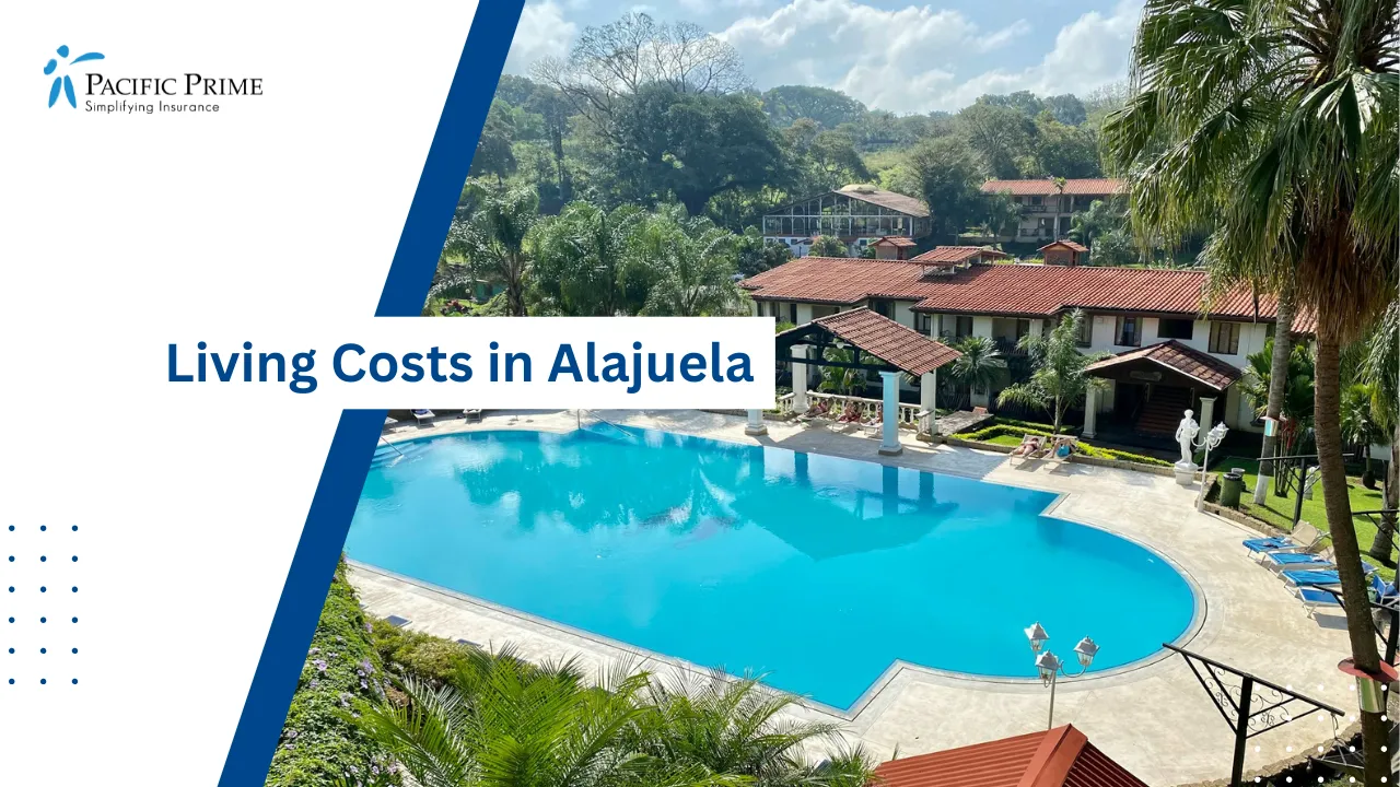 Image of Swimming Pool Surrounded By Green Trees In Alajuela with text overlay of "Living Costs in Alajuela"