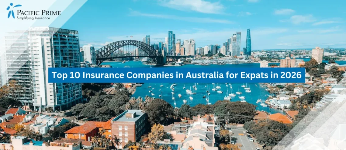 Image of Sydney Cityscape Overlooking The Harbor With Iconic Waterfront Skyline with text overlay of "Top 10 Insurance Companies in Australia for Expats in 2026"