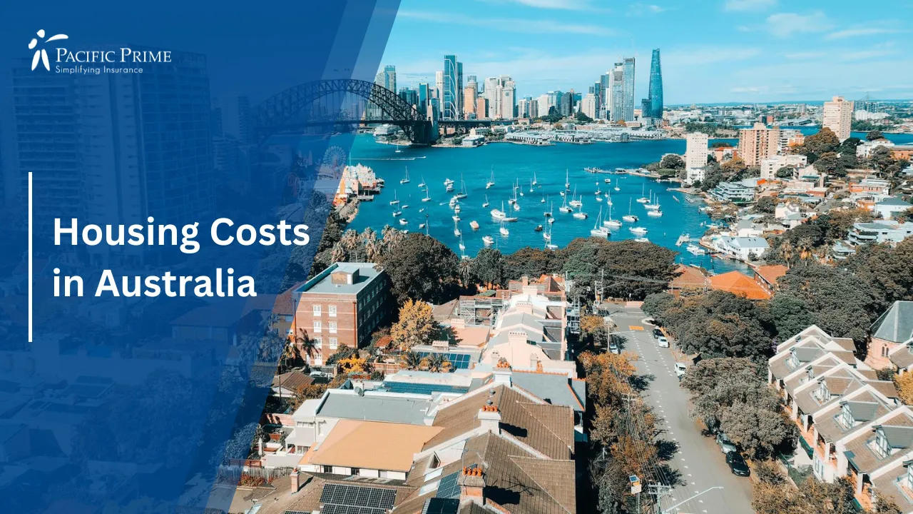 Image of Sydney Cityscape With Harbor And Waterfront Buildings with text overlay of "Housing Costs in Australia"