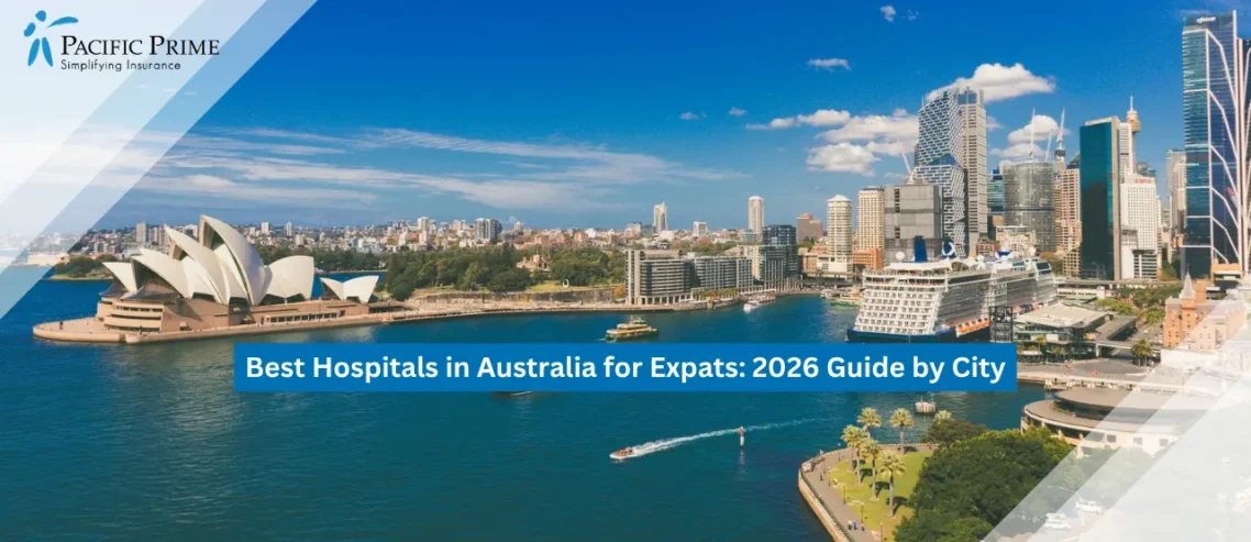 Image of Sydney Opera House And Harbour Framed By The City Skyline And Blue Waters with text overlay of "Best Hospitals in Australia for Expats: 2026 Guide by City"