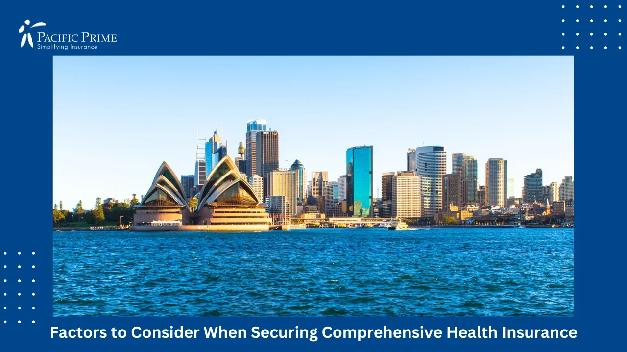 Image of Sydney Opera House Overlooking The Blue Waters Of Sydney Harbour with text overlay of "Factors to Consider When Securing Comprehensive Health Insurance"
