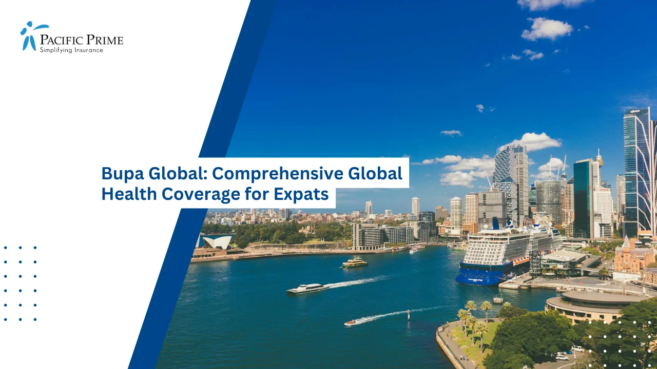 Image of Sydney Opera House Set Against The Harbor With Surrounding City Skyline with text overlay of "Bupa Global: Comprehensive Global Health Coverage for Expats"