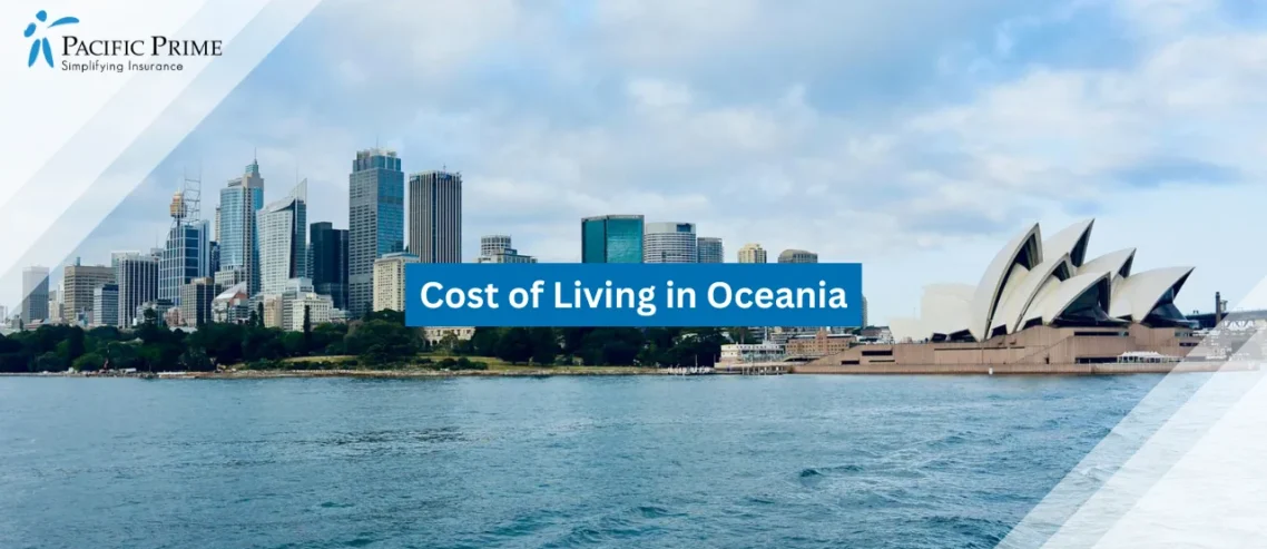 Image of Sydney Skyline And Opera House With Scenic Waterfront View with text overlay of "Cost of Living in Oceania"
