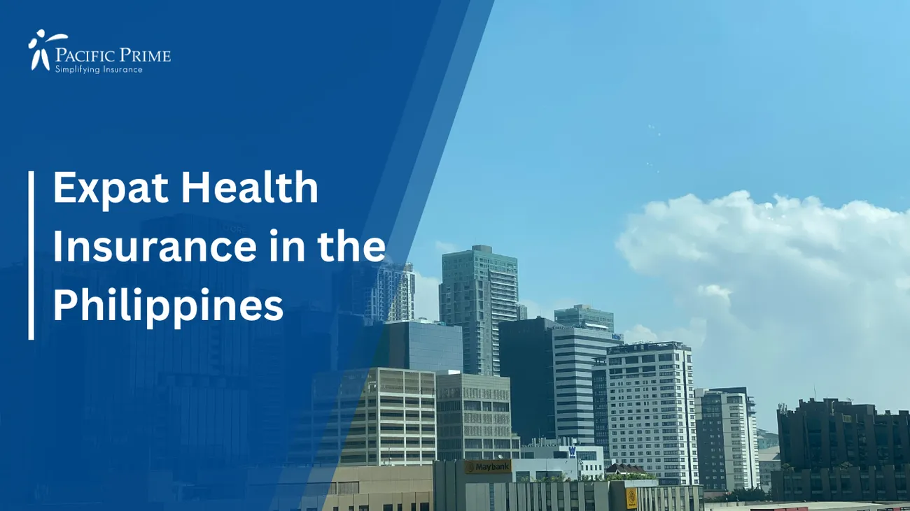 Image of Taguig, Philippines Skyline With Numerous Buildings with text overlay of "Expat Health Insurance in the Philippines"