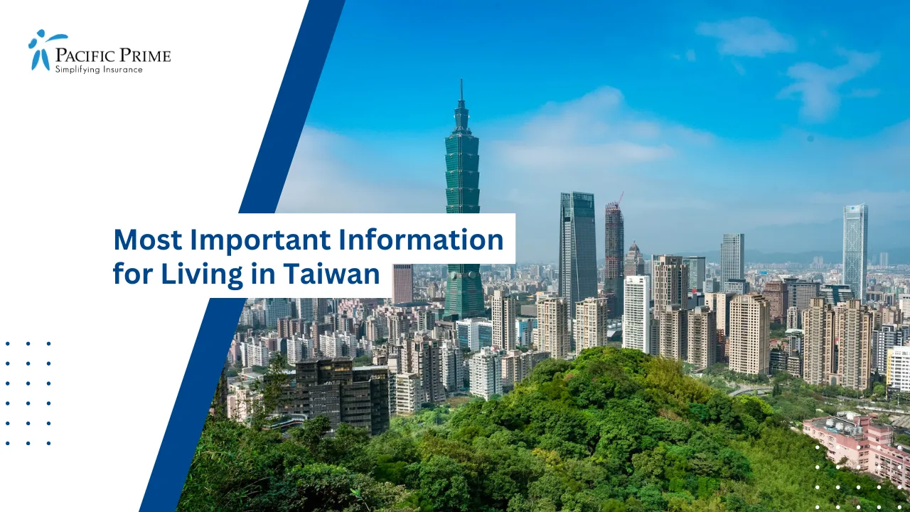 Image of Taipei City Skyline With Modern High-rise Buildings with text overlay of "Most Important Information for Living in Taiwan"