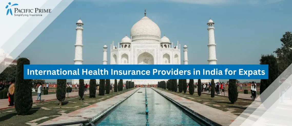 Image of Taj Mahal In Agra With A Clear Blue Sky In The Background with text overlay of "International Health Insurance Providers in India for Expats"