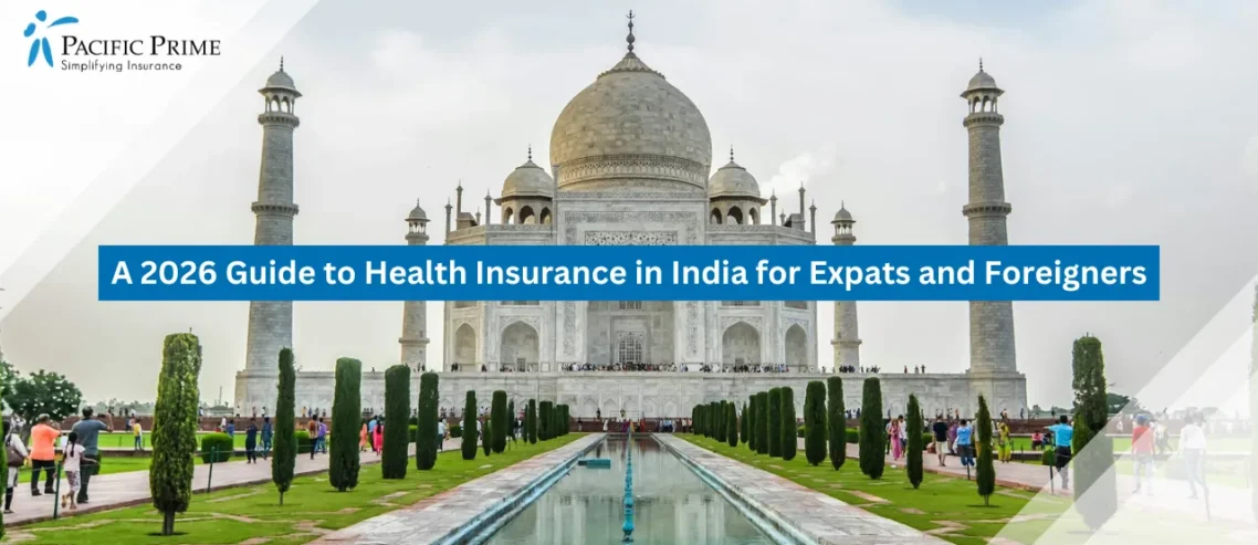 Image of Taj Mahal’s White Marble Monument Beneath A Clear Sky In Agra, India with text overlay of "A 2026 Guide to Health Insurance in India for Expats and Foreigners"