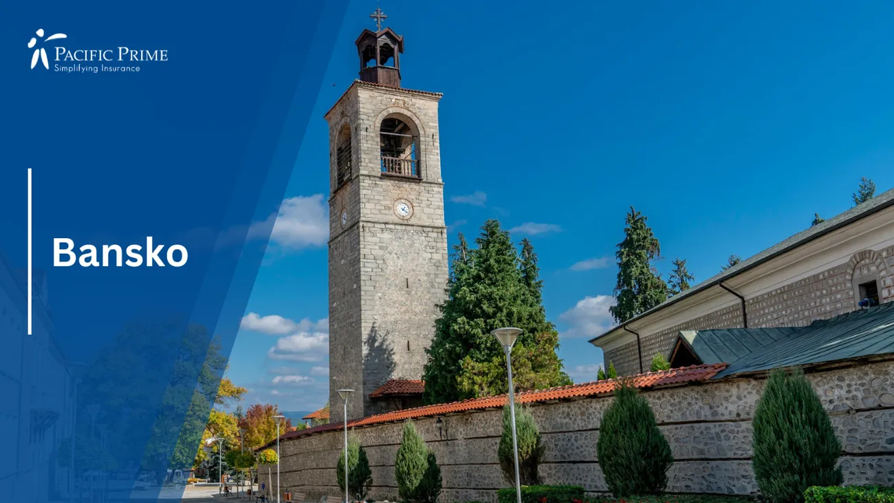 Image of Tall Clock Tower Overlooking Bansko Cityscape, Bulgaria with text overlay of "Bansko"