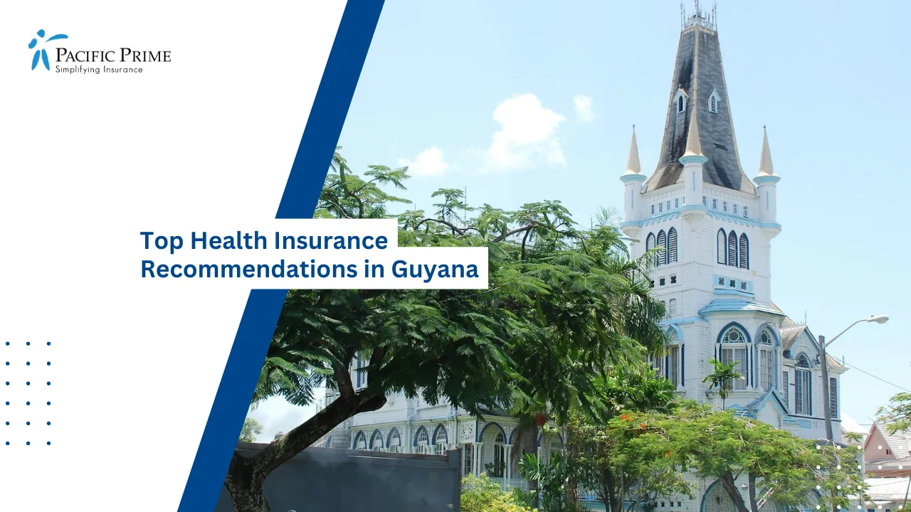 Image of Tall Wooden Cathedral Structure In Georgetown, Guyana with text overlay of "Top Health Insurance Recommendations in Guyana"