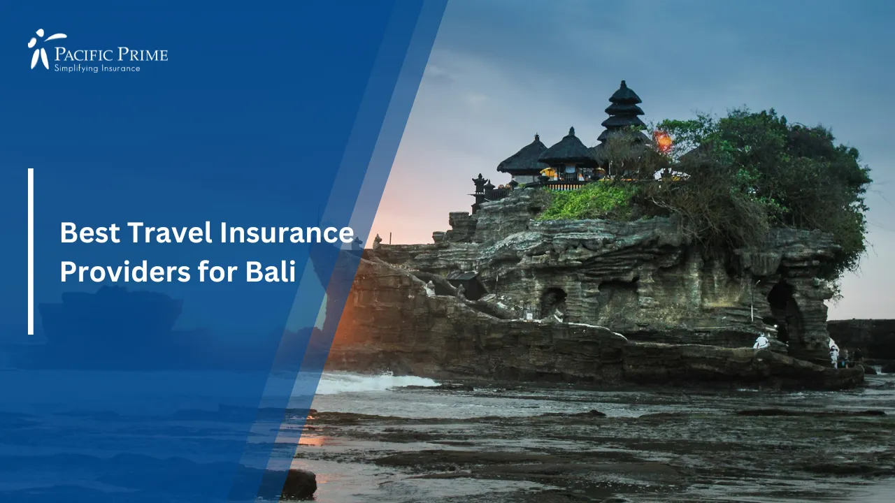 Image of Tanah Lot Sea Temple On Coastal Rock Formation In Bali, Indonesia with text overlay of "Best Travel Insurance Providers for Bali"