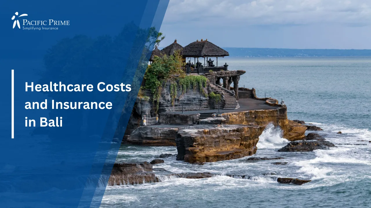 Image of Tanah Lot Temple Perched On A Rock By The Sea In Bali, Indonesia with text overlay of "Healthcare Costs and Insurance in Bali"