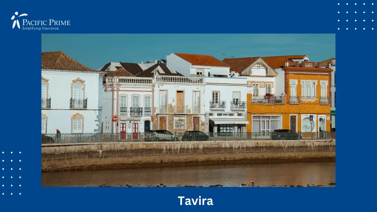 Image of Tavira, Portugal: Cluster Of Buildings Near Water with text overlay of "Tavira"