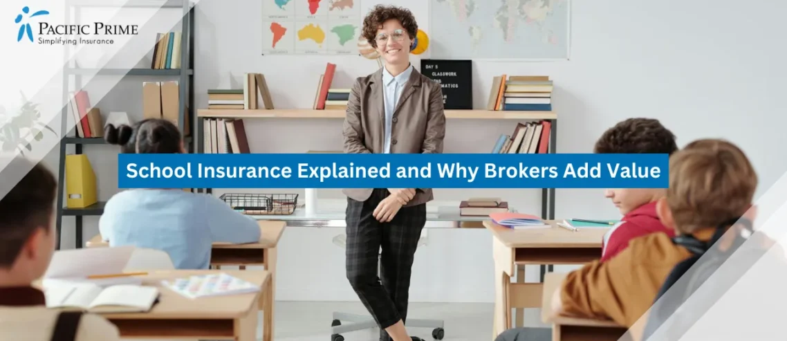 Image of Teacher Standing At The Front Of A Classroom with text overlay of "School Insurance Explained and Why Brokers Add Value"
