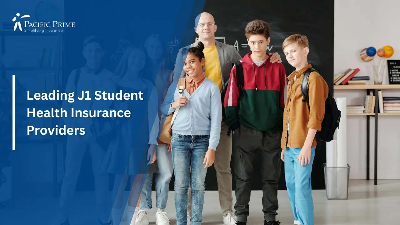 Image of Teacher With Smiling Students In Classroom with text overlay of "Leading J1 Student Health Insurance Providers"