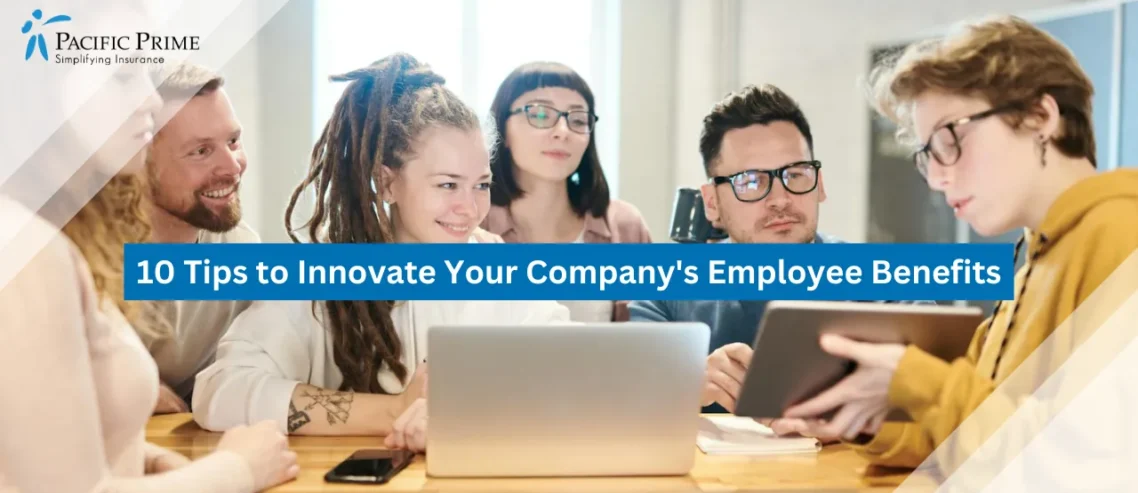 Image of Team Brainstorming Around Table With Laptops And Digital Devices with text overlay of "10 Tips to Innovate Your Company's Employee Benefits"