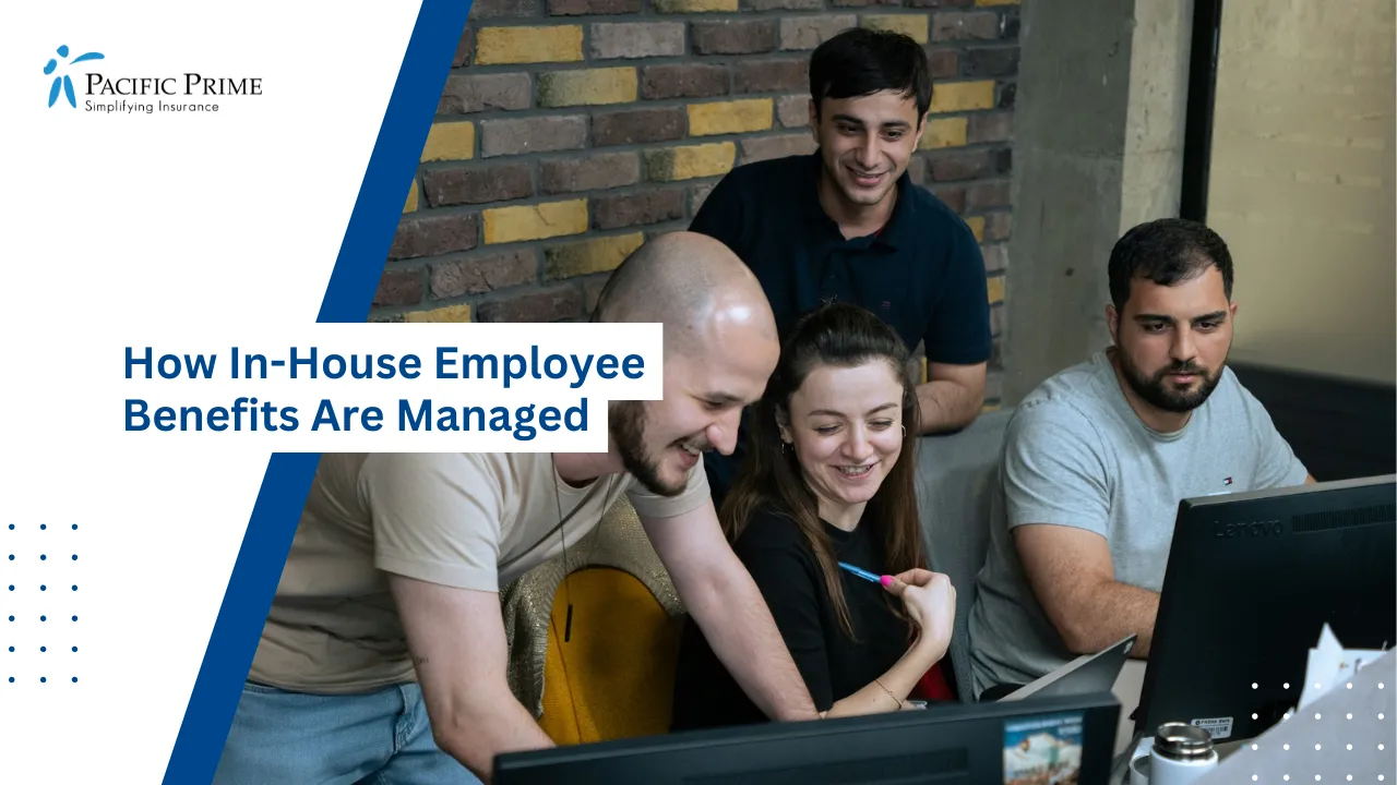 Image of Team Collaborating Around A Laptop During A Meeting with text overlay of "How In-House Employee Benefits Are Managed"