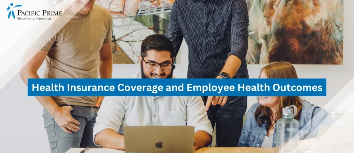 Image of Team Collaboration In Modern Office With Laptops And Creative Artwork with text overlay of "Health Insurance Coverage and Employee Health Outcomes"