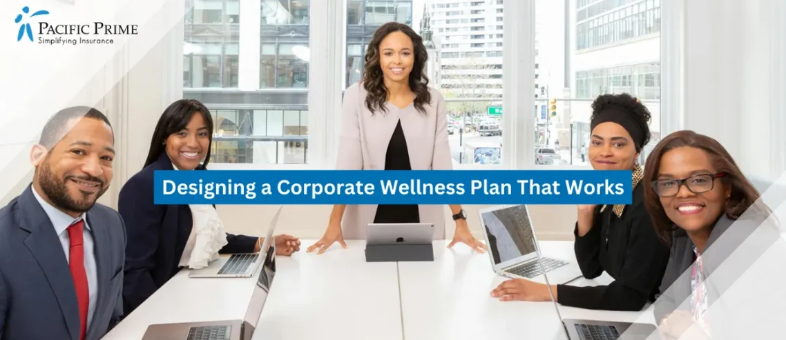 Image of Team Members Collaborating During A Professional Meeting Around A Conference Table with text overlay of "Designing a Corporate Wellness Plan That Works"
