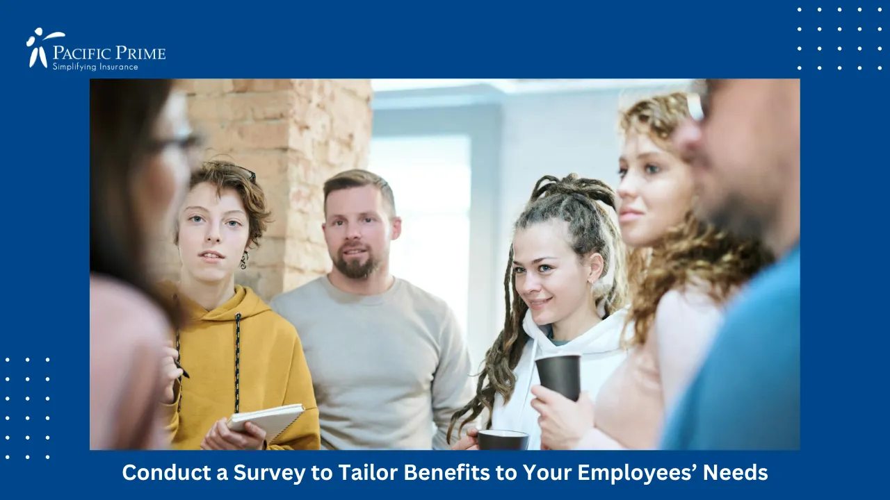 Image of Team Members Standing And Engaged In Discussion with text overlay of "Conduct a Survey to Tailor Benefits to Your Employees’ Needs"