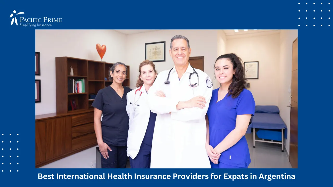 Image of Team Of Doctors And Nurses Working Together In A Medical Office with text overlay of "Best International Health Insurance Providers for Expats in Argentina"