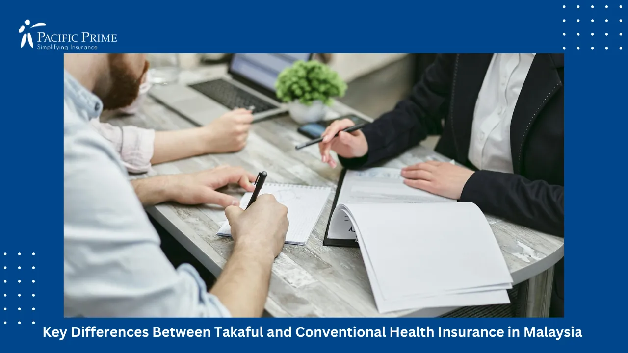 Image of Team Reviewing Documents Together In An Office Setting with text overlay of "Key Differences Between Takaful and Conventional Health Insurance in Malaysia"