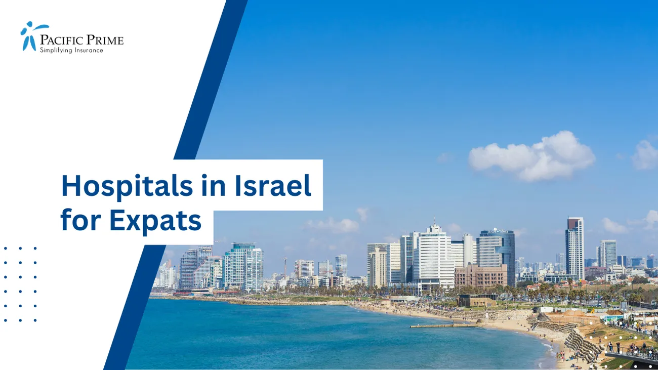 Image of Tel Aviv-Yafo City Skyline With Blue Sea And Clear Sky During Daytime with text overlay of "Hospitals in Israel for Expats"