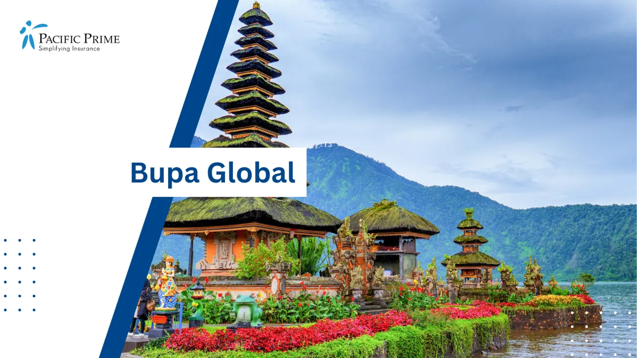 Image of Temple By A Lake And Green Mountain Under A Blue Sky In Bali, Indonesia with text overlay of "Bupa Global"