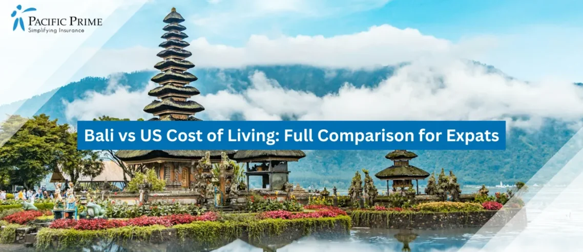 Image of Temple By Lake With Mountains And Clouds In Bali During Daytime with text overlay of "Bali vs US Cost of Living: Full Comparison for Expats"