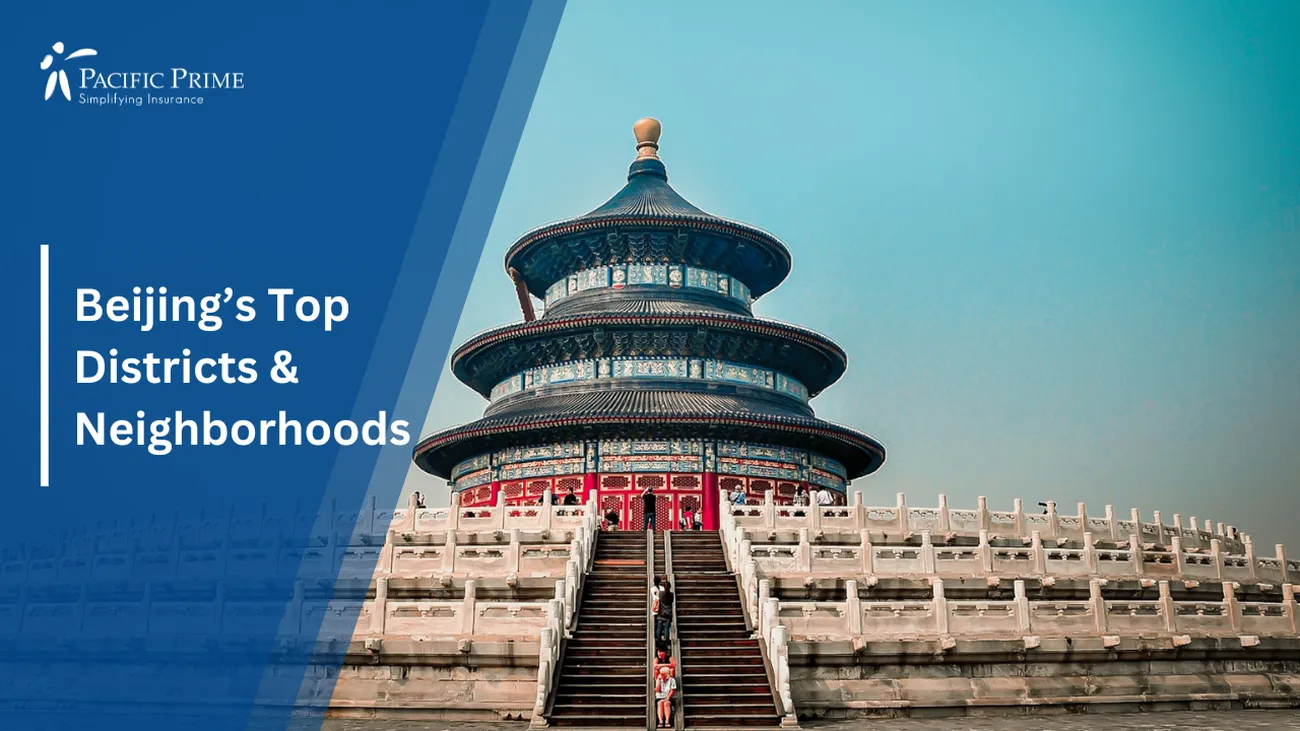 Image of Temple Of Heaven In Beijing: Blue And White Concrete Under Clear Daytime Sky with text overlay of "Beijing’s Top Districts & Neighborhoods"