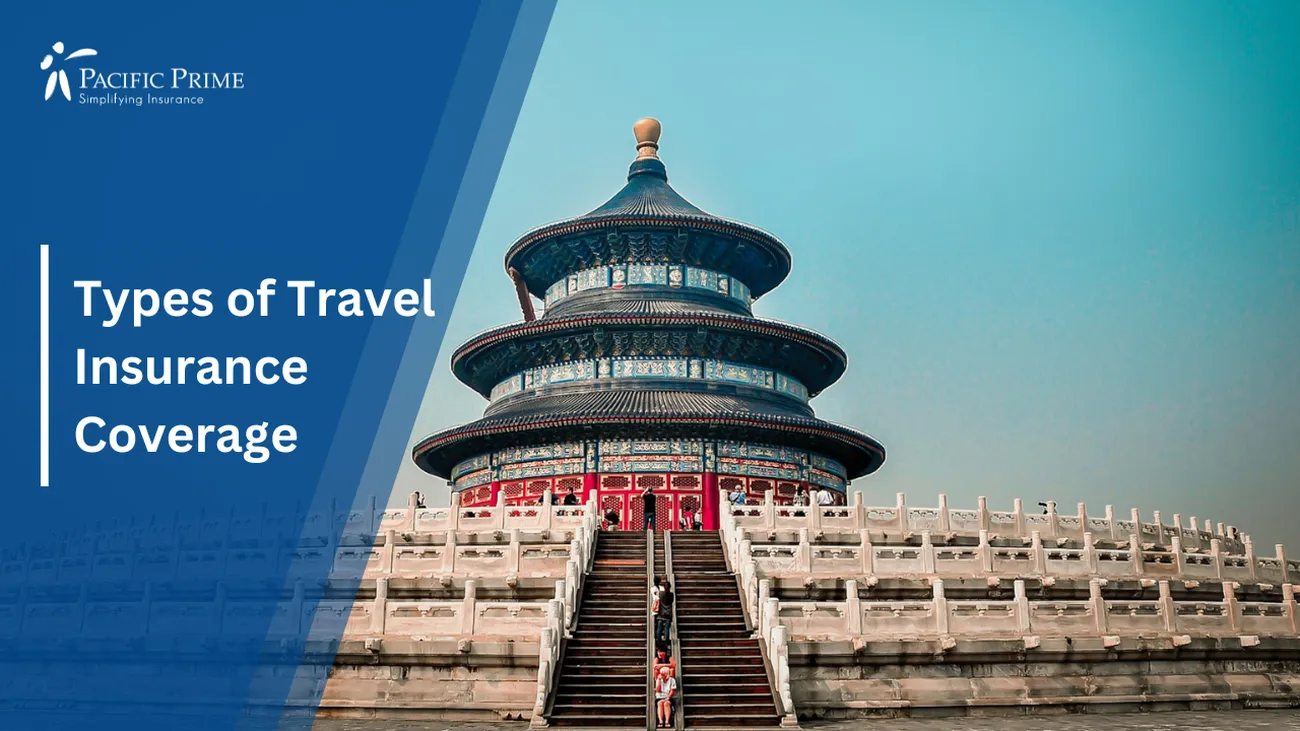 Image of Temple Of Heaven In Beijing, China With Iconic Architecture with text overlay of "Types of Travel Insurance Coverage"