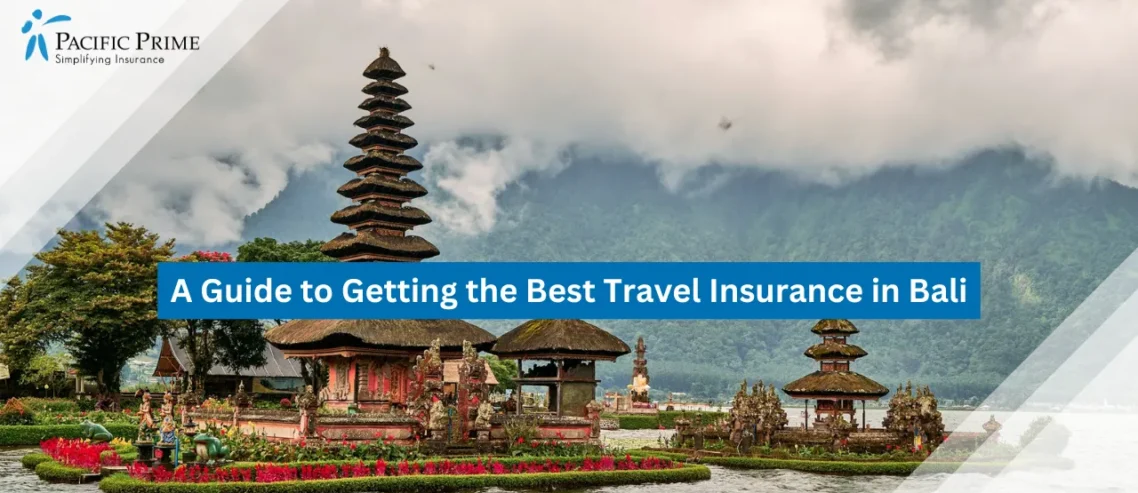 Image of Temple On Lake Beratan With Mountains In The Background, Bali, Indonesia with text overlay of "A Guide to Getting the Best Travel Insurance in Bali"