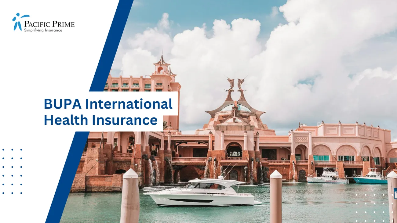 Image of The Atlantis Resort In Nassau, New Providence, Bahamas with text overlay of "BUPA International Health Insurance"