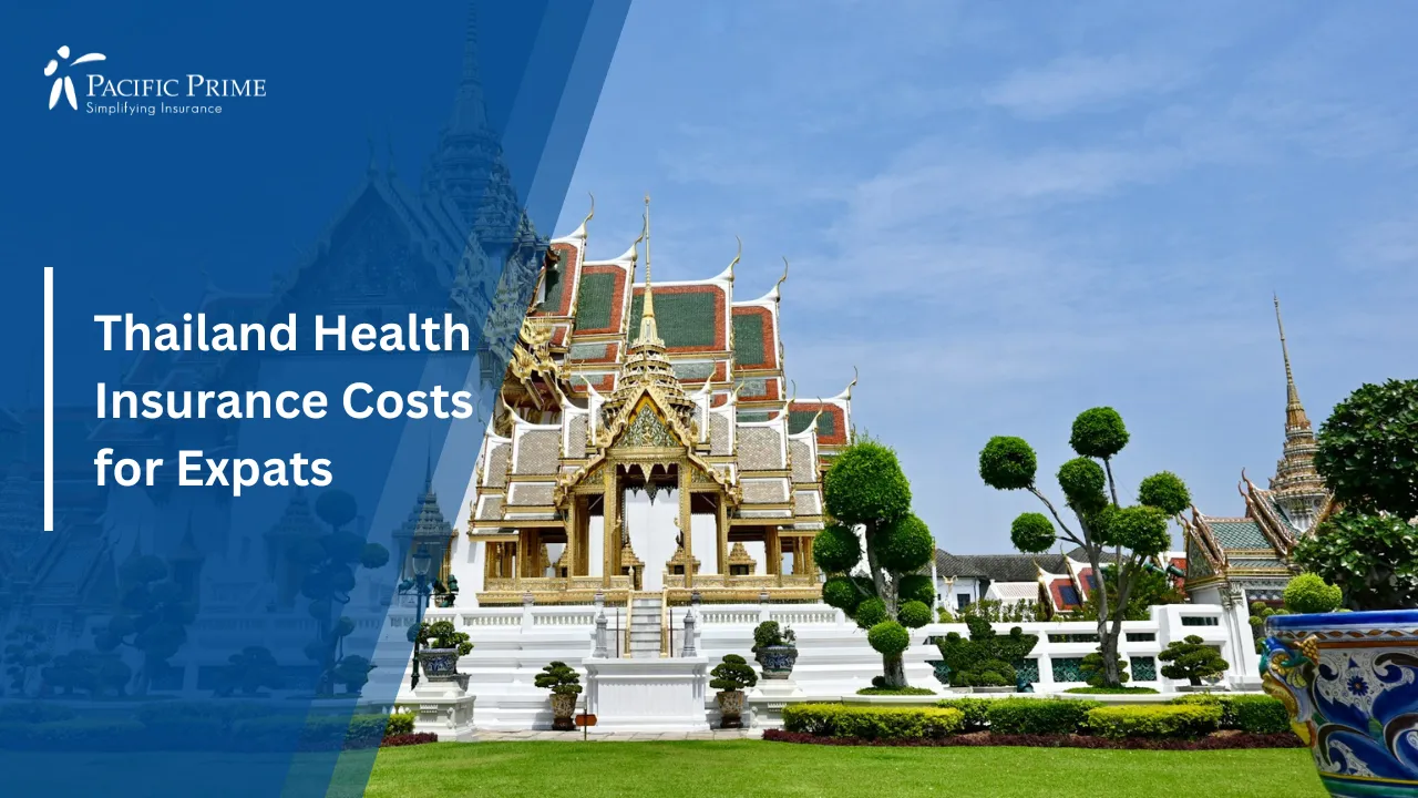 Image of The Grand Palace In Bangkok With Ornate Golden Rooftops And Spires with text overlay of "Thailand Health Insurance Costs for Expats"