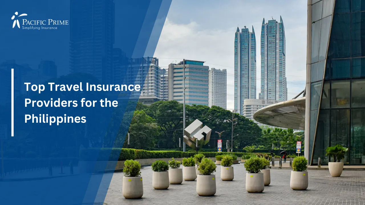 Image of The Podium And Nearby Buildings Along Adb Avenue In Ortigas Center with text overlay of "Top Travel Insurance Providers for the Philippines"