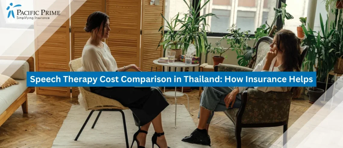 Image of Therapist And Client Talking In A Calm Counseling Setting with text overlay of "Speech Therapy Cost Comparison in Thailand: How Insurance Helps"