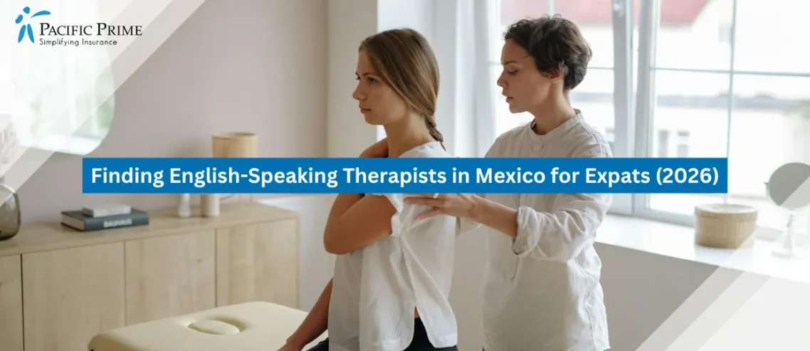 Image of Therapist Applying Shoulder Massage To Woman During A Relaxing SPA Session with text overlay of "Finding English-Speaking Therapists in Mexico for Expats (2026)"