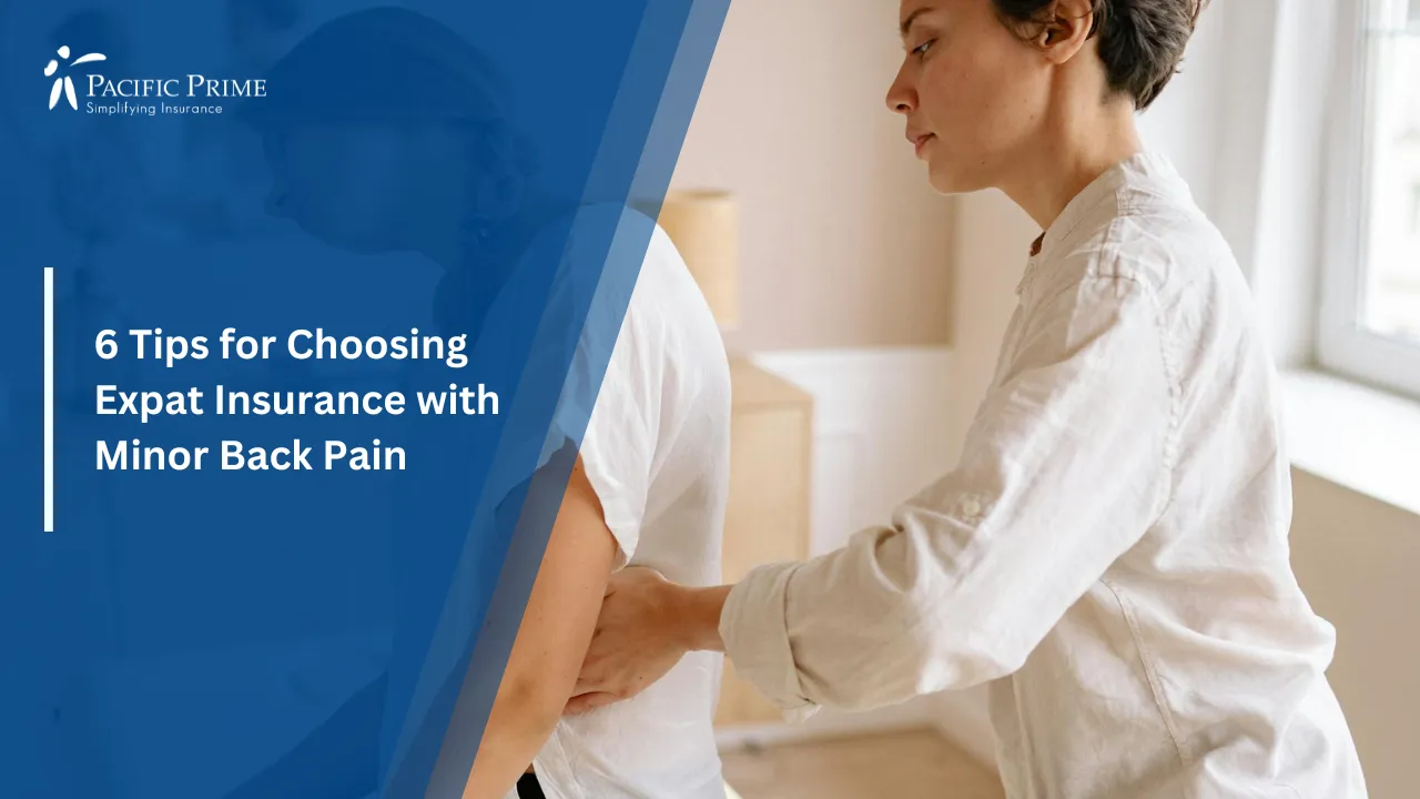 Image of Therapist Giving Back Massage To A Woman with text overlay of "6 Tips for Choosing Expat Insurance with Minor Back Pain"